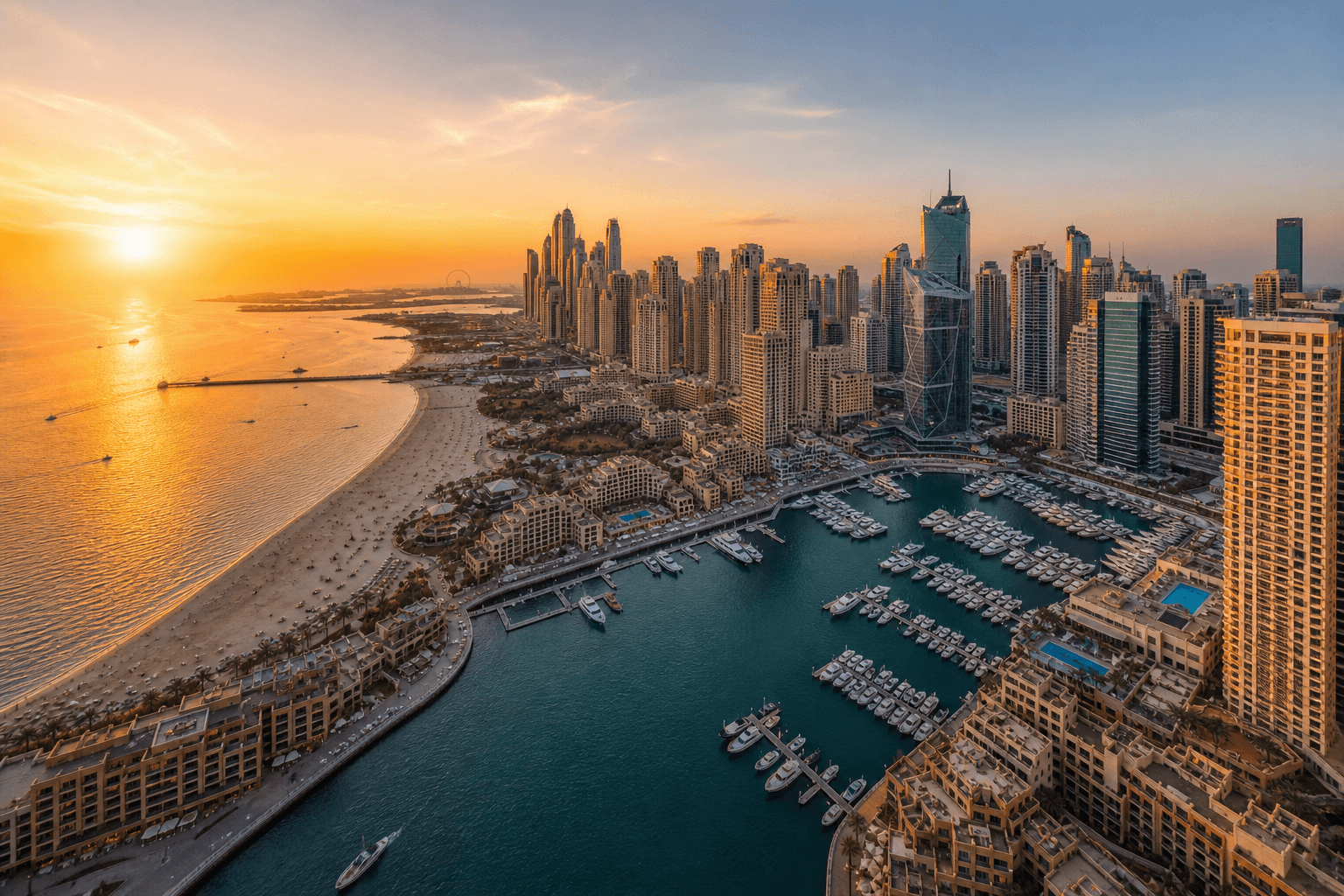 Aerial view of Dubai Marina and JBR coastline at golden hour