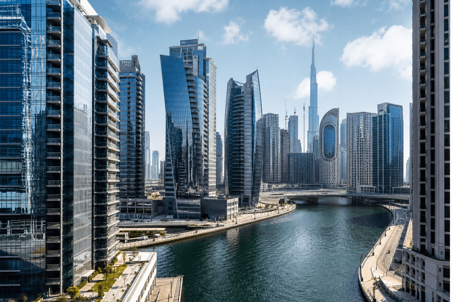 Business Bay district with waterfront towers and Dubai Canal