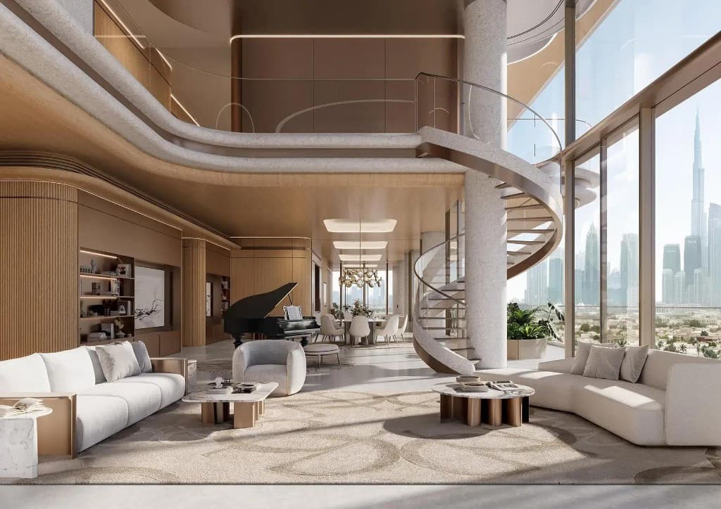 Spacious luxury Dubai living room with floor-to-ceiling windows