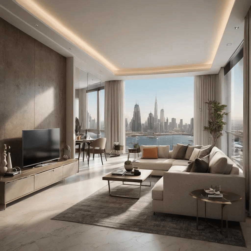 Modern Dubai apartment interior with skyline view