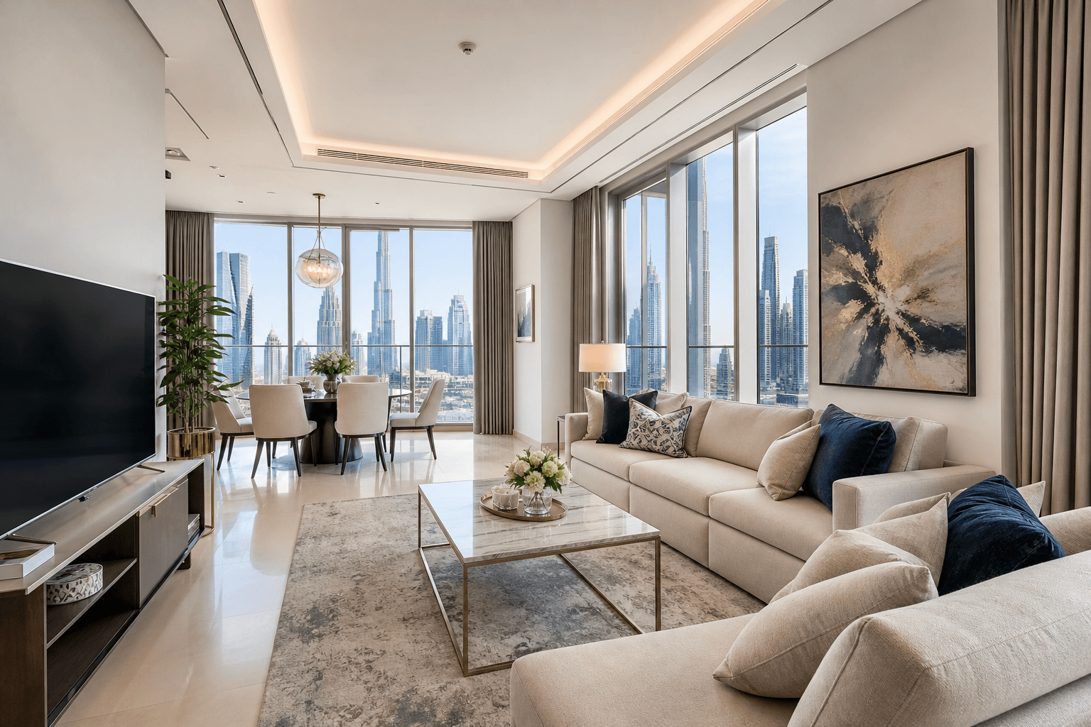 Furnished Dubai apartment living room staged for rental income