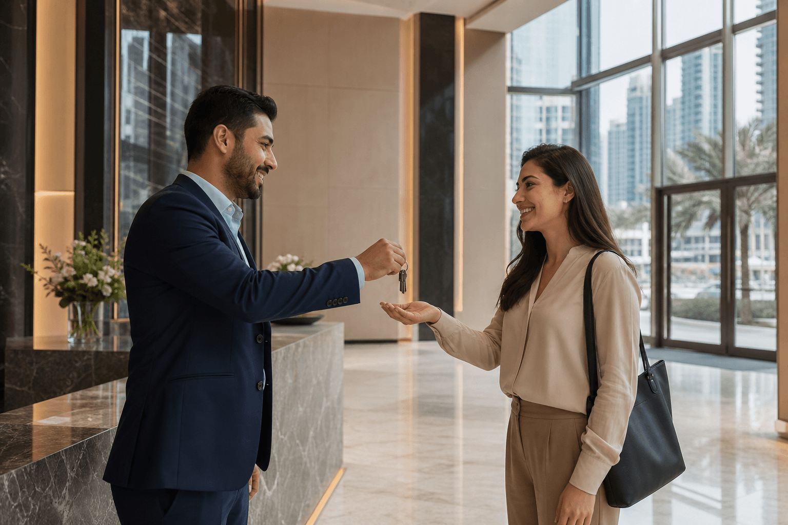 Tenant receiving keys at a Dubai Marina residential tower