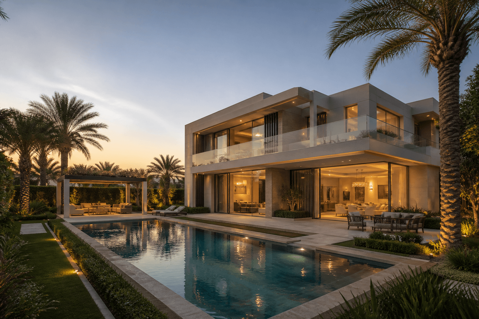 Luxury Dubai villa with private swimming pool and landscaped garden at sunset