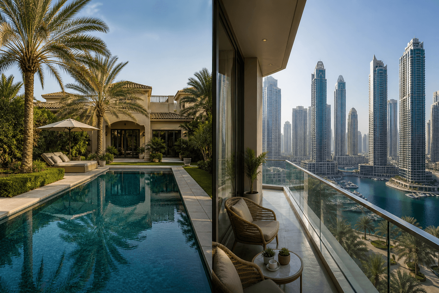 Dubai villa pool terrace compared with a high-rise waterfront apartment balcony