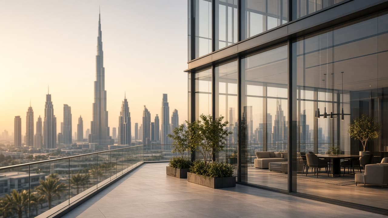Modern Dubai real estate office exterior with city skyline backdrop
