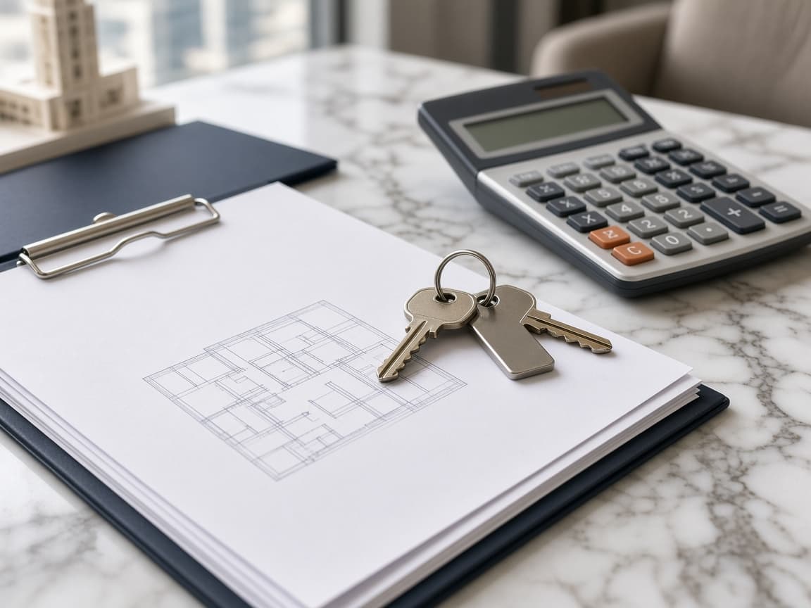 Property purchase documents, calculator, and keys on a marble desk