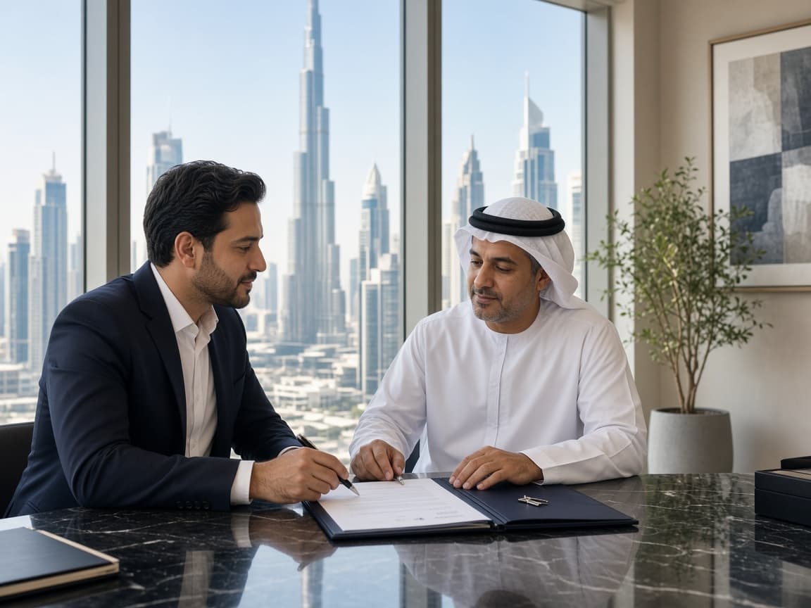 Property handover meeting in a Dubai apartment with skyline views
