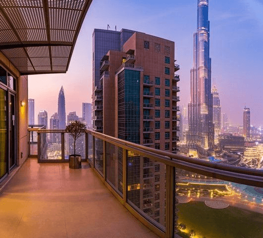 Balcony skyline view of Downtown Dubai during evening