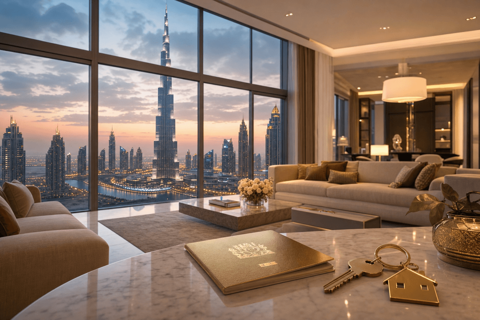 Luxury Dubai apartment interior with Burj Khalifa skyline view