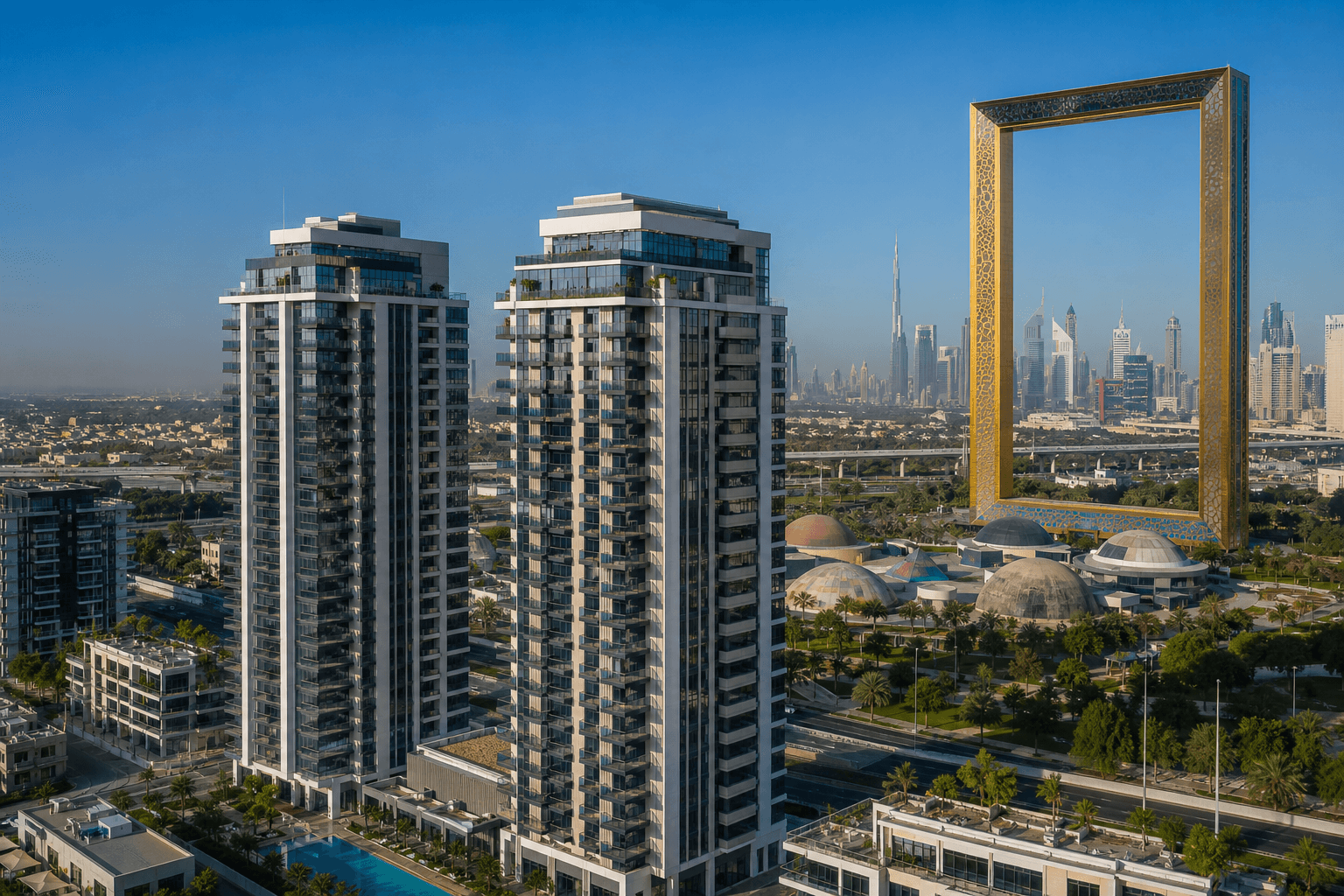 Premium Dubai residential community with iconic skyline backdrop