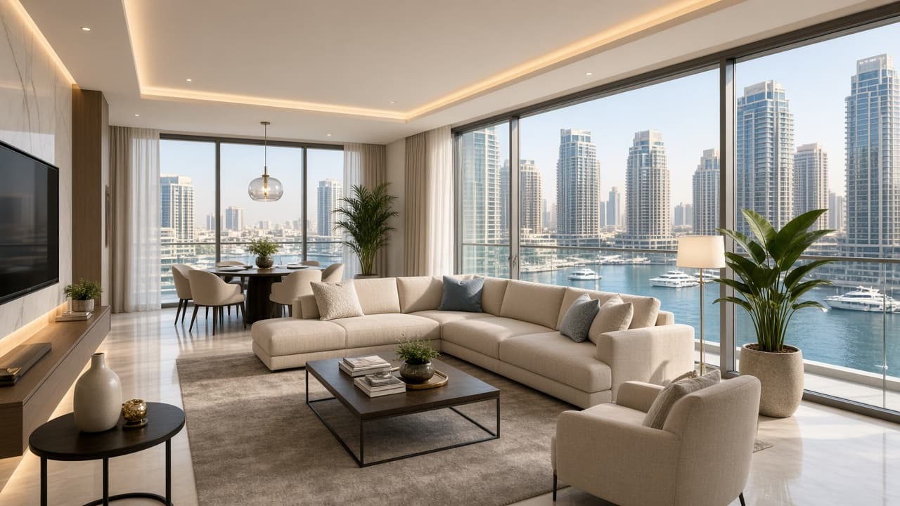 Furnished Dubai Marina holiday home living room with sea view