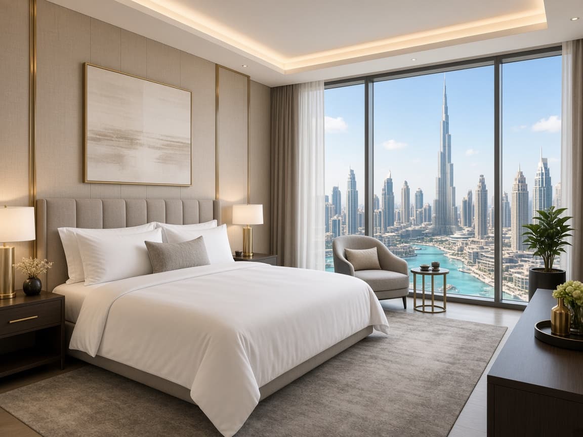 Premium Dubai holiday home bedroom with skyline view
