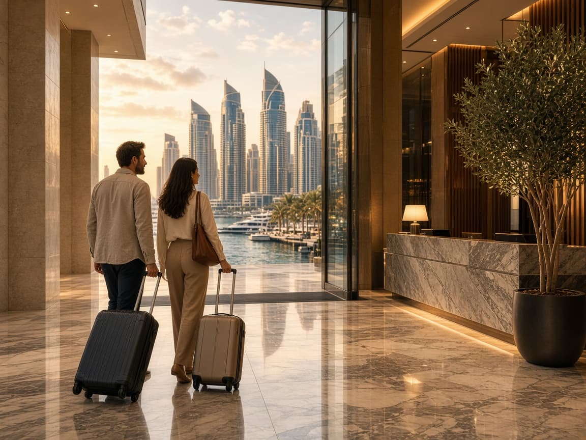 Travelers with luggage entering a Dubai short-stay apartment building