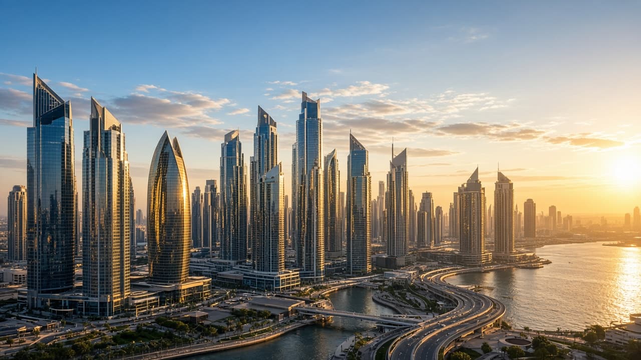 Dubai financial district skyline with modern glass towers