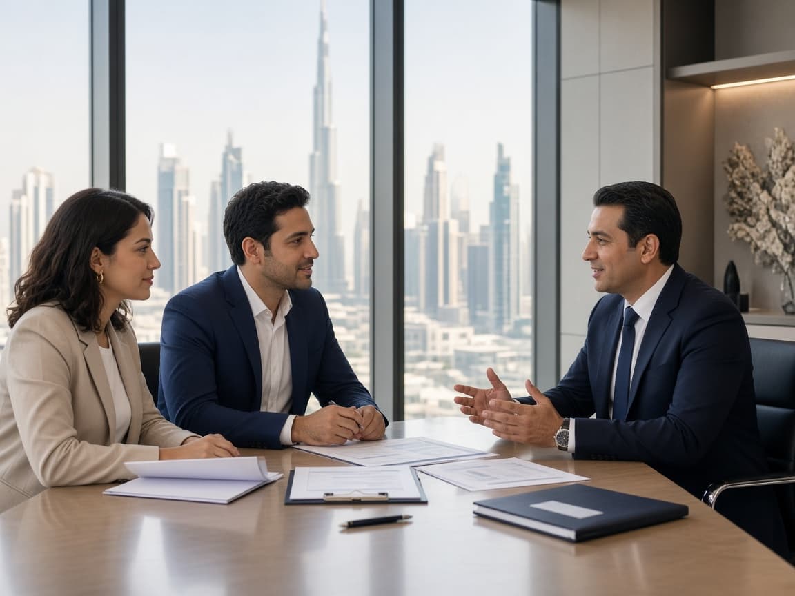 Couple meeting a mortgage advisor in a modern Dubai office