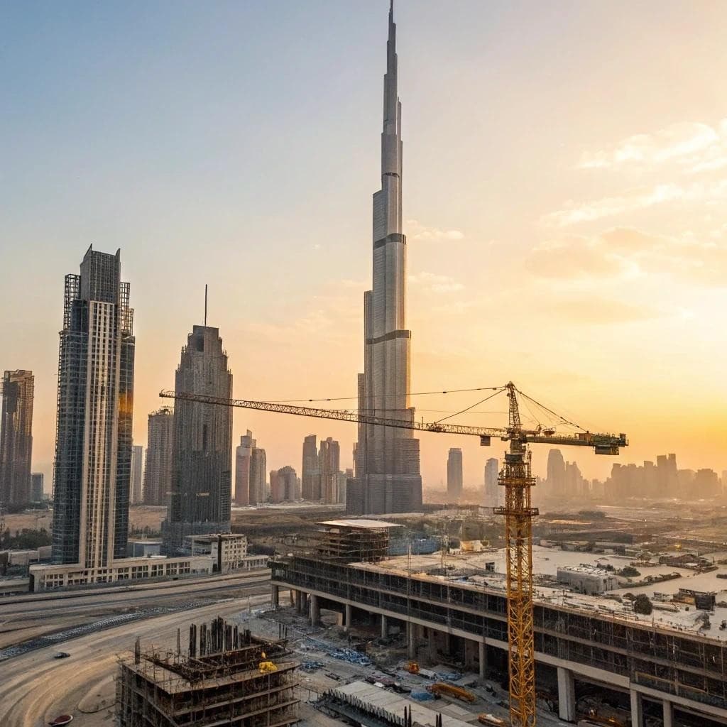 Dubai skyline with active construction and Burj Khalifa