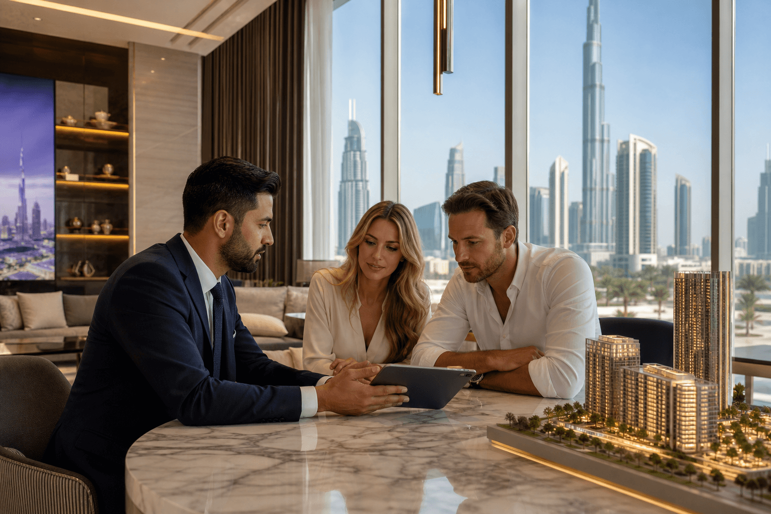 Investors reviewing a Dubai property payment plan with a real estate consultant