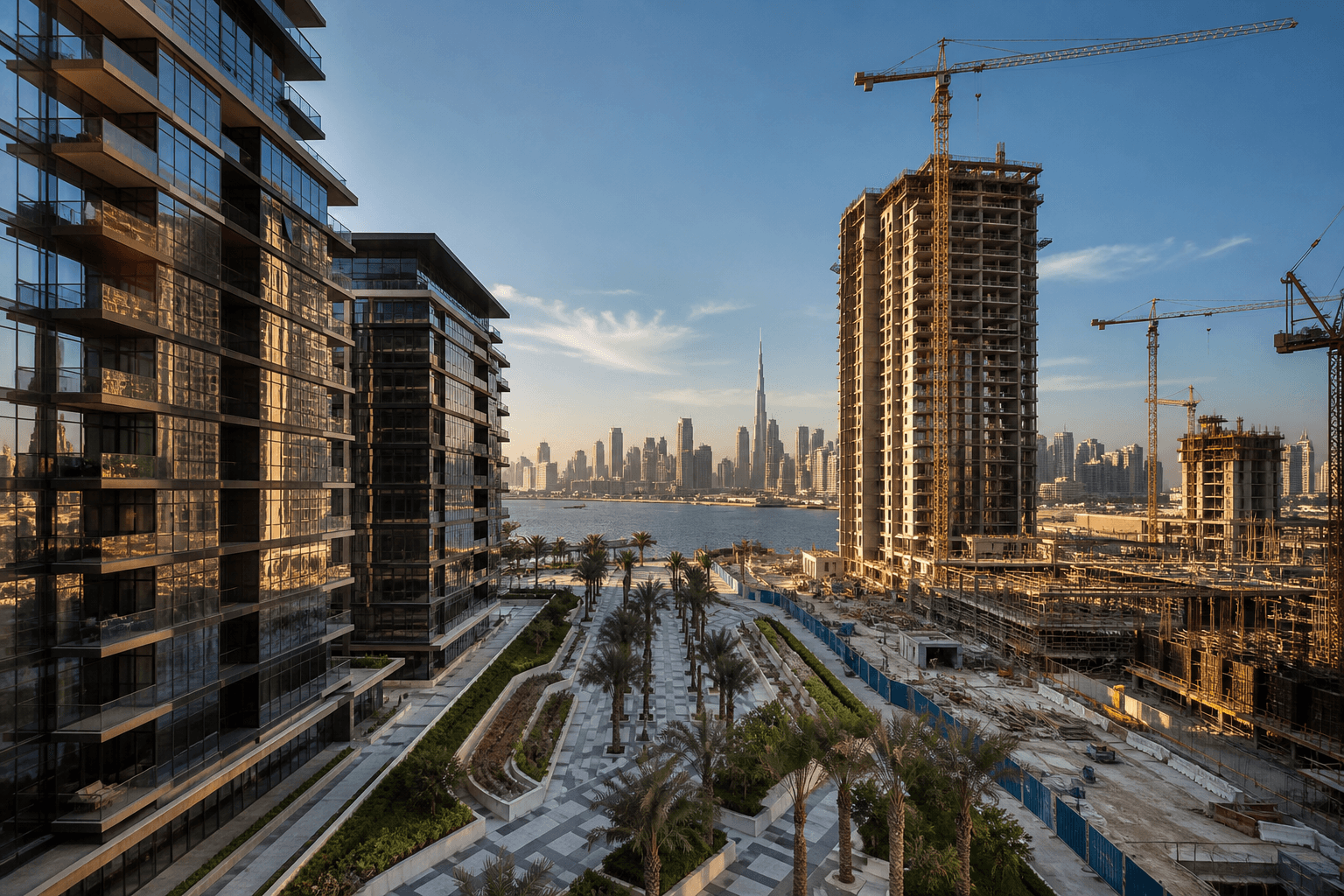 Off-plan Dubai towers under construction with completed residential buildings nearby